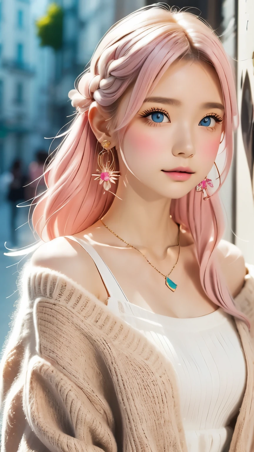 rainbow, One Girl, alone,very cute, Long Hair, View Audience, Blue Eyes Background, White Background, jewelry, Mouth closed, Jacket, Upper Body, Pink Hair, Earrings, Pink Eyes, necklace, From the side, sweater, lips, eyelash, Compensate, Wavy Hair, Earrings, cross, lipstick, 耳のEarrings, eye shadow, hoop Earrings, ピンクのlips, Variegated eyes, Pink Theme, , ピンクのeye shadow,