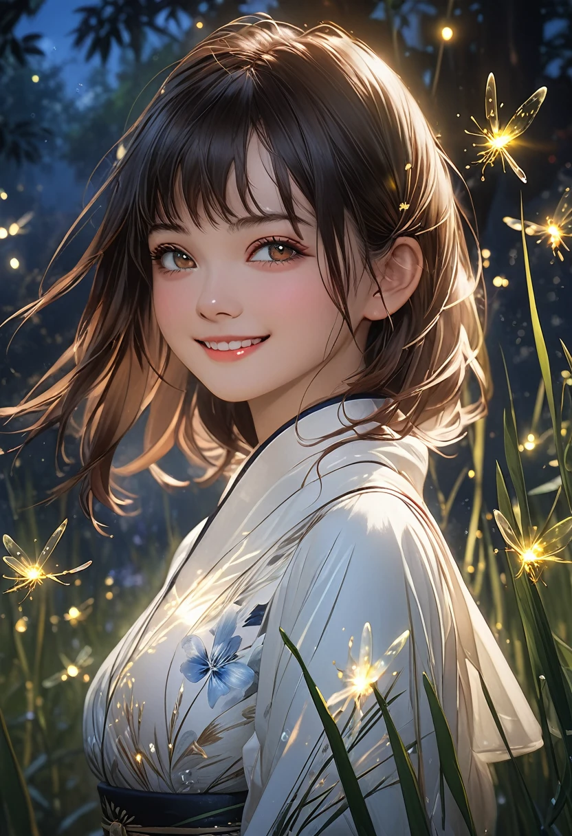 (((masterpiece))),((Highest quality)),beautiful girl, An_reeds, bangs、Translucent white skin, Shining Sweat, Beautiful digital art, Beautiful fantasy art, Dynamic pose, A kind smile, Mysterious Background, aura, A gentle gaze, break, Small faint lights and flying fireflies, night, lanthanum,