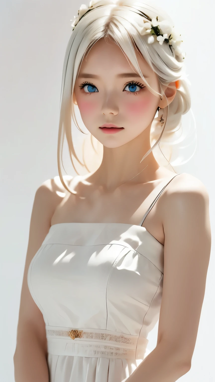 (((White Background:1.3)))、Highest quality, Masseter muscle area, High resolution, Albino girl、(((1 girl))), ,(((The eyes are white:1.3)))、White Dress、((White shirt:1.3、White Block Dress)), Tyndall effect, Realistic, Shadow Studio,Ultramarine Lighting, Dual Tone Lighting, (Skin with attention to detail: 1.2)、薄Dim lighting、Dim lighting、 Digital single-lens reflex camera, photograph, High resolution, 4K, 8k, Background Blur,Beautiful fade out、White world、White Background