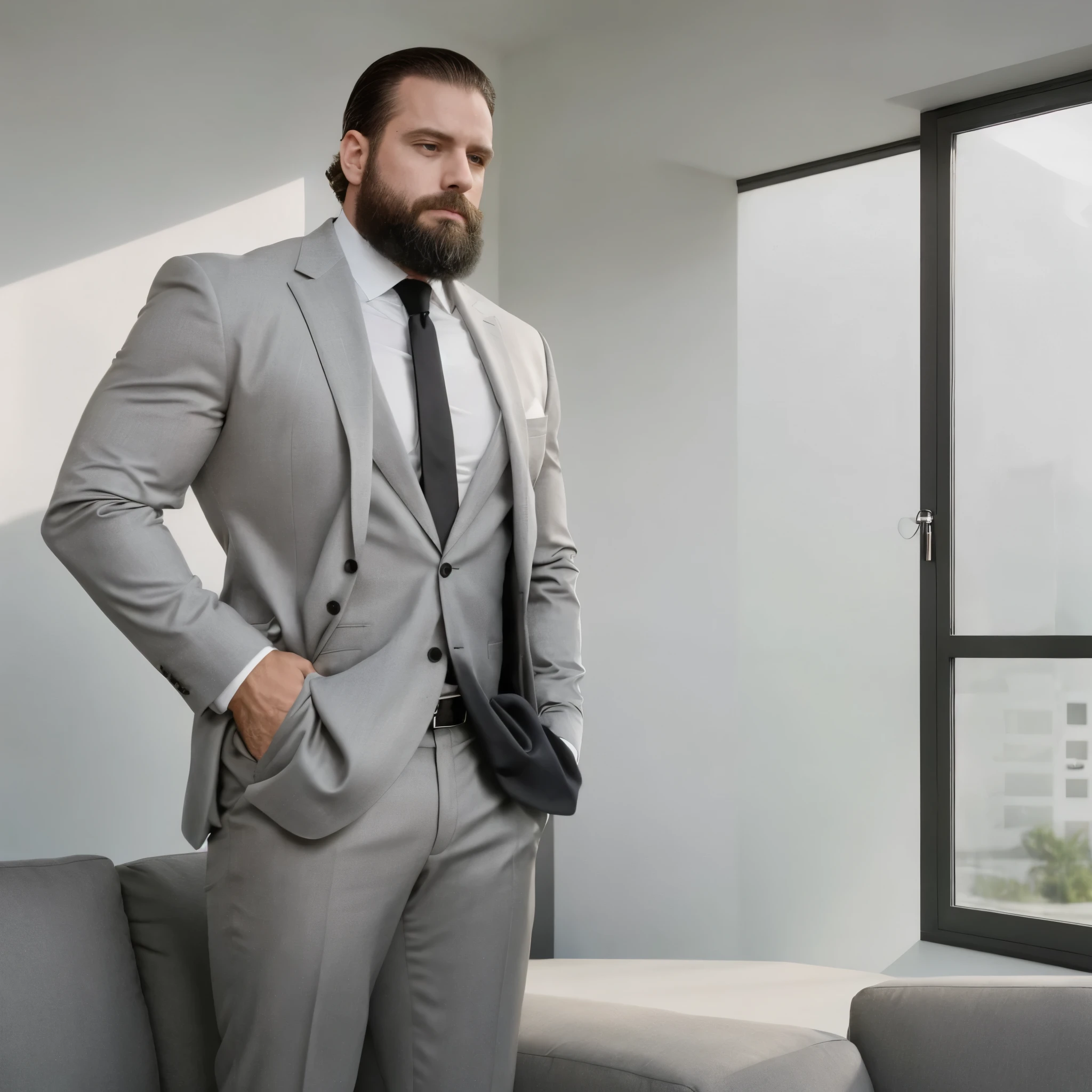 The white man, muscular, 3, with a perfectly trimmed and groomed beard, poses in a minimalist living room with a modern design. The walls are made of grey polished cement., with a large window behind that lets in natural light. The environment is decorated with clean-lined furniture and neutral tones., like a black leather sofa and a white marble table.

He wears a dark grey fitted suit, with a white high-collared shirt and no tie, highlighting his imposing physique. Soft, diffused light enters from the side, creating dramatic shadows that accentuate his muscles and the contours of his face. The camera is in a close-up, capturing from a high angle showing her torso, the details of his suit and the top of his pants, ensuring that her strong and confident stance dominates the scene.