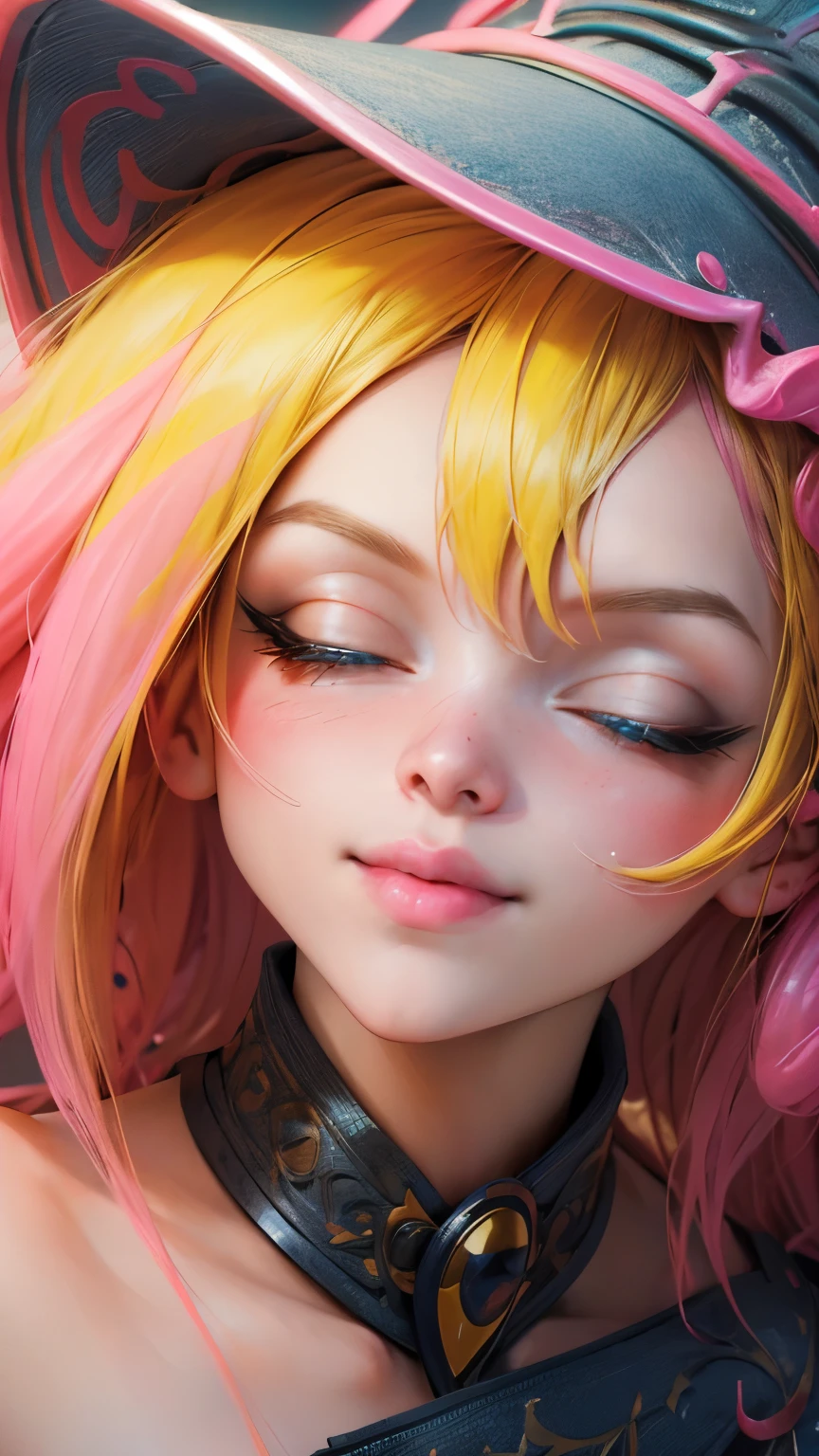 Beautiful face of dark wizard gils. long eyelashes, blue eyes. pink lips. long blonde hair. Yellow hair. exposed shoulders, angelic smile, beautiful well detailed face of the dark wizards gils. blowing a kiss. kiss . She is flirtatious with the viewer..