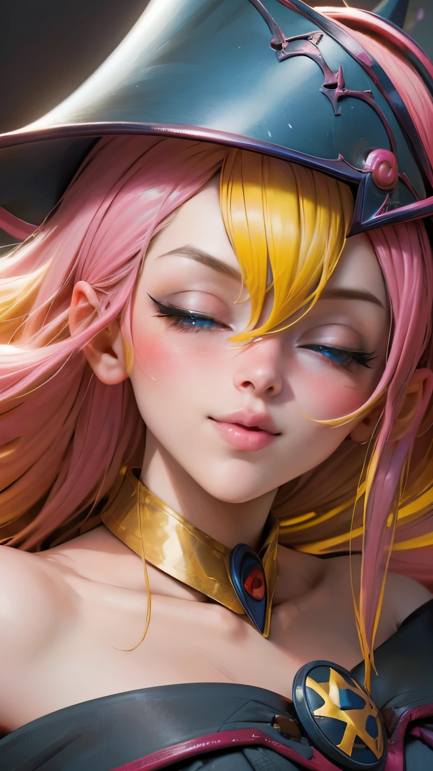 Beautiful face of dark wizard gils. long eyelashes, blue eyes. pink lips. long blonde hair. Yellow hair. exposed shoulders, angelic smile, beautiful well detailed face of the dark wizards gils. blowing a kiss. kiss . She is flirtatious with the viewer..