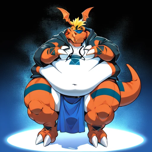 a fat guilmon with thick thighs, overhanging belly, wearing an open black jacket and blue mawashi, blue loincloth, futuristic tight clothes, obese, inflated belly, big belly, yellow hair, spikey hair, former sumo wrestling champion, High Resolution, Solo, hoodie, glitching 