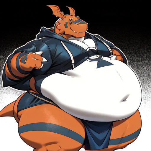 a fat guilmon with thick thighs, overhanging belly, wearing an open black jacket and blue mawashi, blue loincloth, futuristic tight clothes, obese, inflated belly, big belly, yellow hair, spikey hair, former sumo wrestling champion, High Resolution, Solo, hoodie, short sleeves