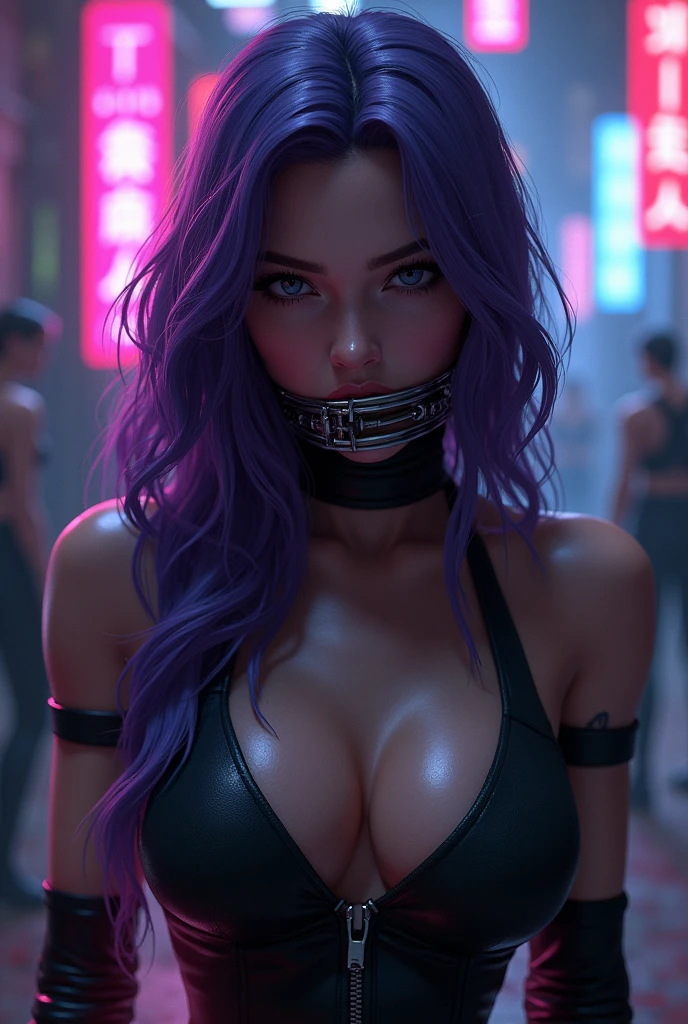 gorgeous woman, beautiful face, alone, long purple hair, wearing short gray poncho, half naked body, realistic, sexy, skin, underground tunnel, metro apocalypse, Armageddon, Ready for action, 4k, cinematic lighting, grain, darkness