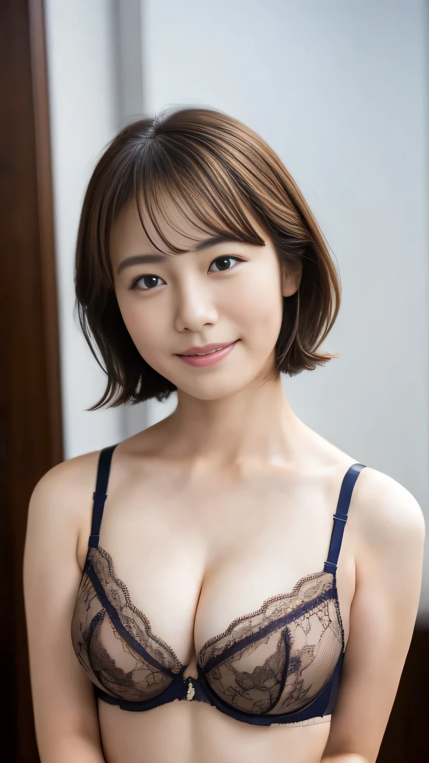 ((Highest quality)), ((masterpiece)), ((Elegant and delicate))、Japanese women、Middle school students、sexy micro lingerie,(Random sexy bras and panties)(Cleavage:0.9)、Perfect Face,thin、Front view,short hair、Brown Hair、Japanese idol girls,smile、Embarrassed face、whole body、Place your arms behind your back,