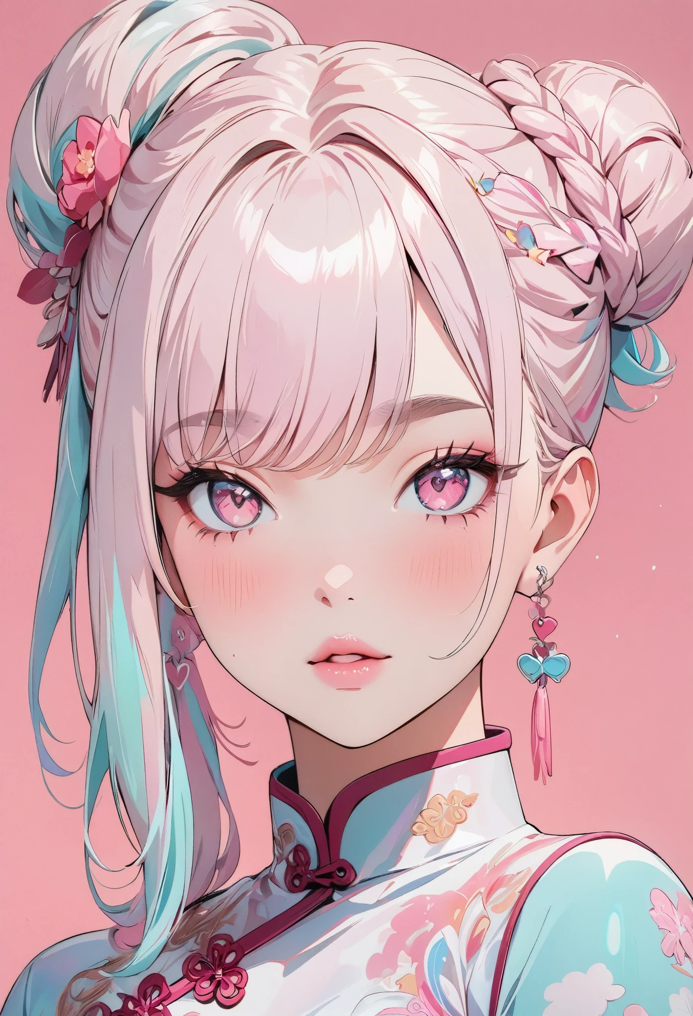 (masterpiece, Highest quality:1.4), 1 girl, alone, Anime Style, colorful students, Blurred vision, Pink lower lip, pastel colour, Silver one bun hairstyle, Long bangs on one side, Braid, Color Highlights, China dress, flower, Portraiture, Pink eyes, Cute Face. Lips in Love, Stylish design, Pure pink background.