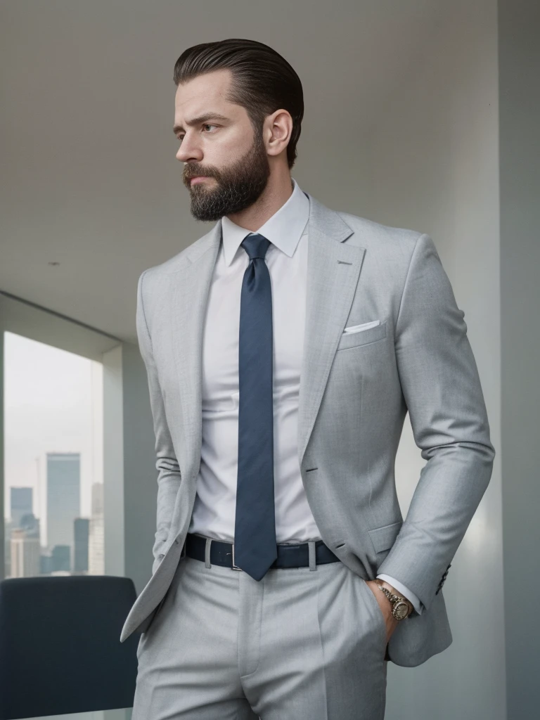 a white man, muscular, 3, with a defined beard, poses with sophistication in a 2012-inspired setting. He is wearing a navy blue slim fit suit, paired with a fitted white shirt and a skinny tie in metallic grey tones, reflecting the minimalist, fitted fashion that defined the era. The atmosphere has a modern and technological feel., with a background of large windows that allow you to see the skyline of an illuminated city, full of skyscrapers. On a nearby table, A touchscreen smartphone and wireless headphones rest next to a cup of coffee, capturing the essence of urban life in the early 1990s.

The lighting is cold, with white and blue flashes that highlight the modern structure of the environment and the silhouette of the man. the camera, in its classic high and close angle, focuses on the torso and face, highlighting his firm muscles under the tight fabric of the suit. His expression is determined, looking towards the horizon with confidence, reflecting the dynamism and ambition of the era.