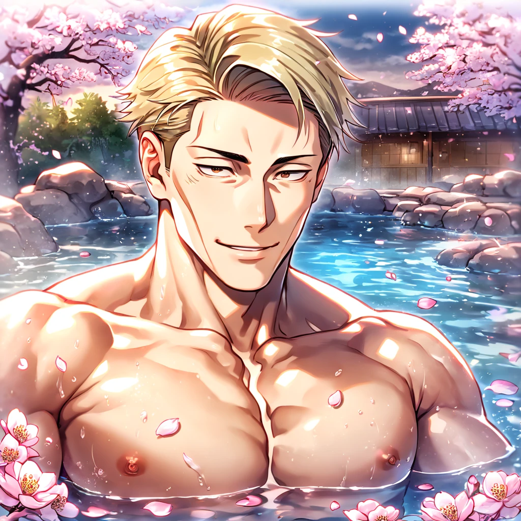 Ultra detailed, highres, absurdres, HDR, master piece, Nanami Kento, blonde hair, expressive brown eyes, bare chest, toned chest, without shirt, Jujutsu Kaisen, sexy man, cherry blossoms, petals, handsome, best quality, fantasy, magical, hot springs, water, lewd, horny, sensual, manly man, close up, solo, NSFW, erotic, pink flowers, very attractive, handsome smile