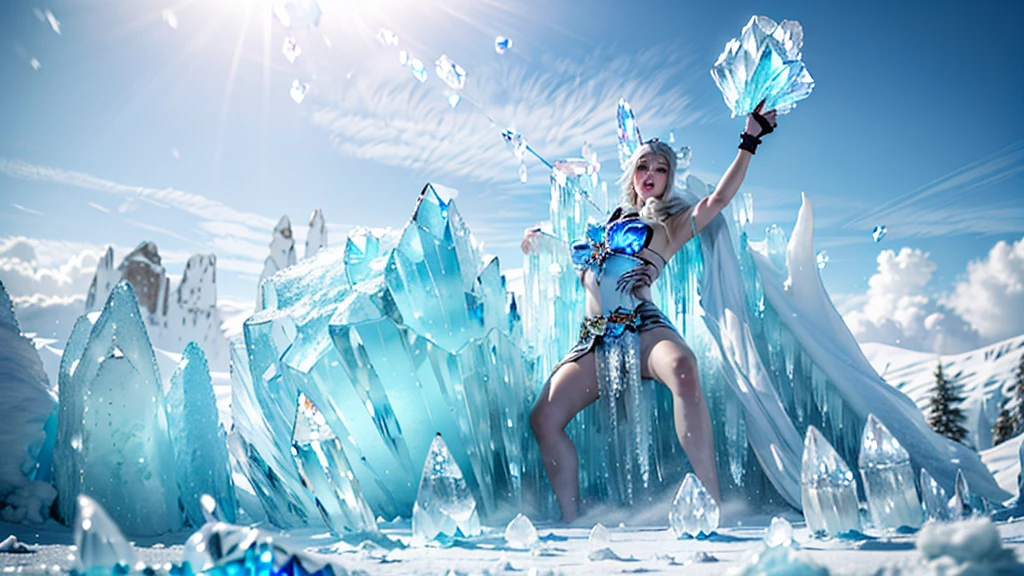 (Good structure),High dynamic range,ultra high definition,8k,gigante de ice,giant clan, air bubble, blue eyes, bubble, cloud, cloudy sky, day, ice, male focus, Mountain,Frozen in the body,iceberg,one arm, open mouth, outdoor, Pole arm, rock, sky, weapon, by white,Incomplete body,1 girl