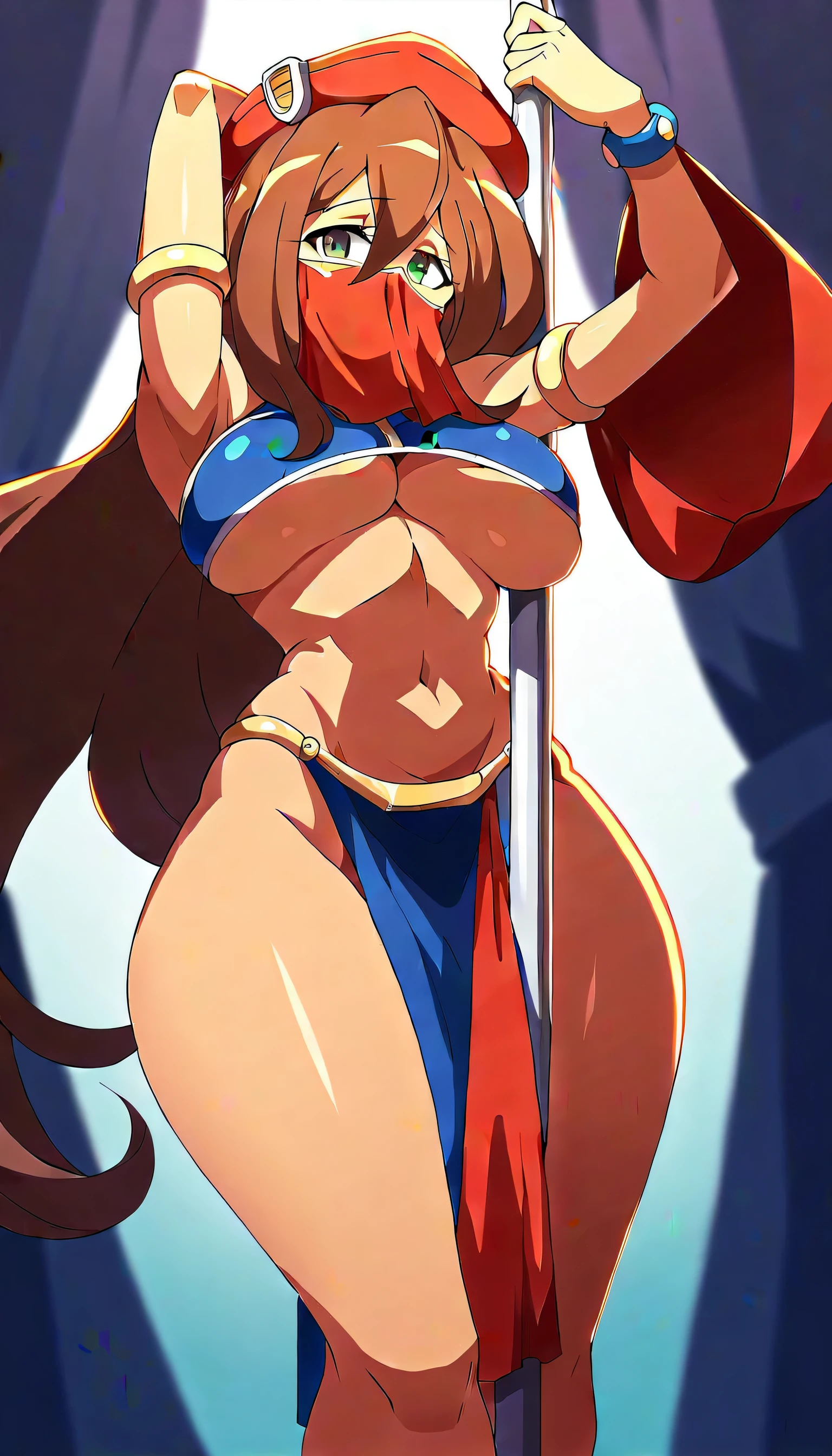 breasts, jewelry, 1girl, navel, armlet, pelvic curtain, earrings, bracelet, pole dancing, stripper pole, solo, pole, revealing clothes, looking at viewer, thighs, bare shoulders, huge breasts, bangs, loincloth,  window, underboob,The Veil, feminine mystery of dance,Veil covering mouth,iris \(mega man\)
1girl, long hair, brown hair, hat, green eyes, breasts, beret, hair between eyes,  red headwear