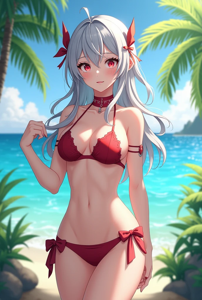 masterpiece, best quality, 1 solo girl, silver hair, yellow eyes, long hair, medium breasts, sexy body and face, wavy hair, smile, parted lips, bikini, red bikini skirt, navel, sandals, cleavage, collarbone, bare shoulders, jewelry, bracelet, blue scarf, ribbon, hibiscus, frills, sleeveless, hair flower, toeless footwear, outdoors, summer, sexy pose, cowboy shots, detailed body, face, and eyes, sharp focus, vibrant, creative, dynamic, high definition, high resolution, 8k, (Upscale: R-ESRGAN 4x+ Anime6mage enchance:4x), voluptuous body, cinema lightning, dakimakura style, looking at the viewer,