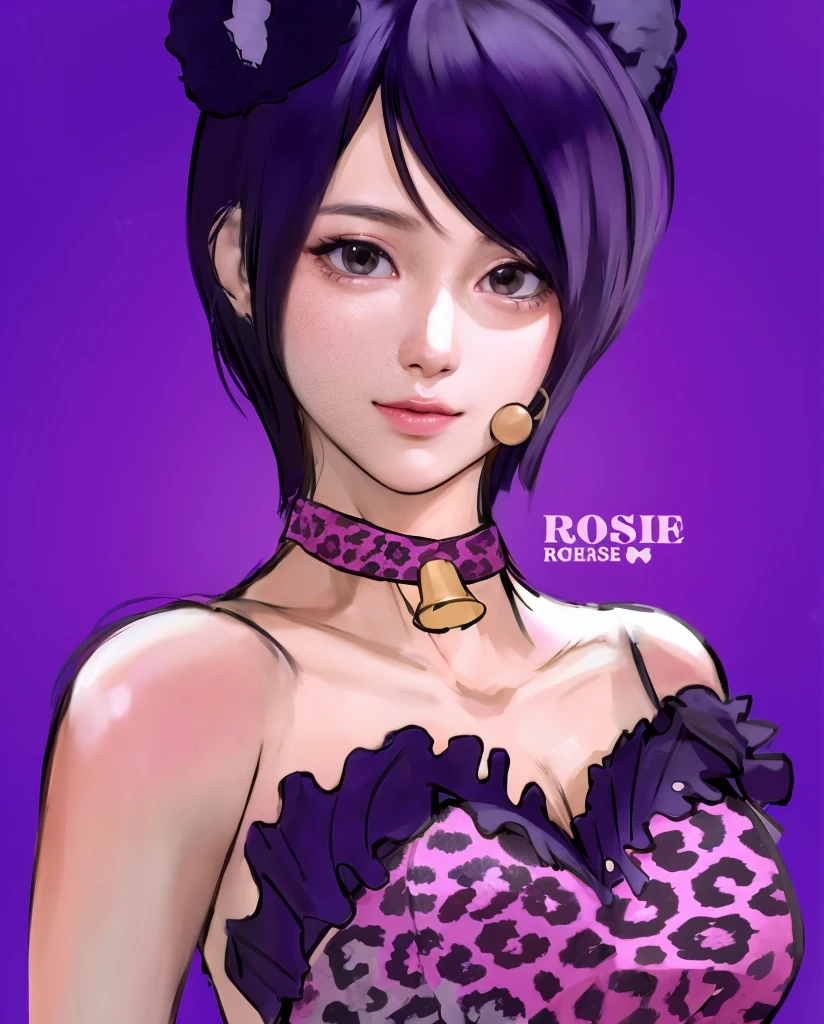 A digital artwork of a young woman with short, dark purple hair and cat ears. Her face closely resembles Hwayoung from the K-pop group T-ara, featuring soft, youthful features, large almond-shaped eyes, and a delicate smile. She is dressed in a stylish pink and purple leopard-print outfit with a choker featuring a small bell. The overall style should mix anime and semi-realistic elements, with vibrant colors and a smooth, polished finish. The background is a deep purple that enhances the character's outfit."