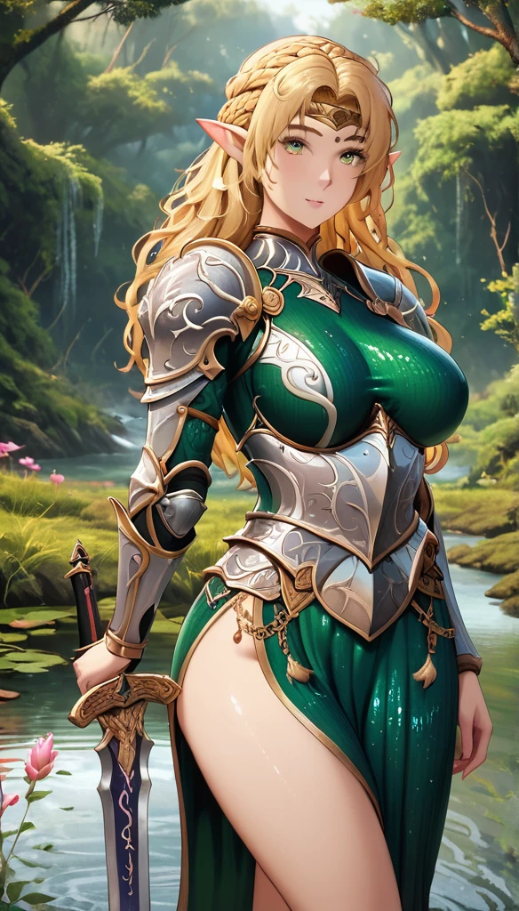 ((best quality)), ((masterpiece)), (detailed), 1 lady, mature, elf, blonde hair, wave hair, shiny hair, forehead protector, pointy ears, Grip the sword, hold the sword, knight, greem clothes, Chainmail, at pond in forest