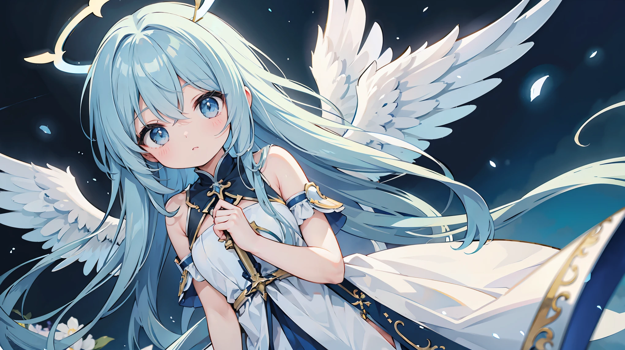 Holy sword、Long blue hair、、Light wings on one side、Angel Halo、Erosu