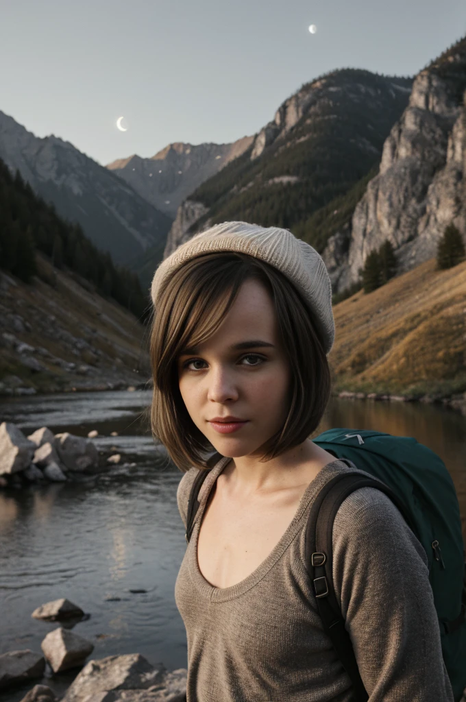 1girl, (1), Ellen Page, (skinny), ((flat chest)), ((bobcut short light brown hair)), masterpiece, best quality, ultra-detailed, solo, outdoors, (night), mountains, nature, (stars, moon) cheerful, happy, backpack, sleeping bag, camping stove, mountain boots, gloves, mini sweater top, bare belly, hat, flashlight, forest, rocks, river, wood, smoke, shadows, contrast, clear sky, Jeans minishort, analog style, (look at viewer:1.2), (skin texture), (film grain:1.3), (warm hue, warm tone :1.2), close up, cinematic light, sidelighting, ultra high res, best shadow, RAW, upper body, wearing pullover top, walkiing on a river