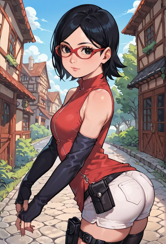 score_9_up, score_8_up, score_7_up, score_6_up, score_5_up, score_4_up, ,zPDXL2, solo, rating_questioablr, perfect face, perfect eyes, BBC_Chan Style, Sarada Uchiha, solo, 1girl, black hair, short hair, red-framed eyewear, glasses, black eyes,red dress, sleeveless, elbow gloves, black gloves, fingerless gloves, white shorts, black thighhighs, thigh holster, side view, large round butt, bubble butt ,village pathway,