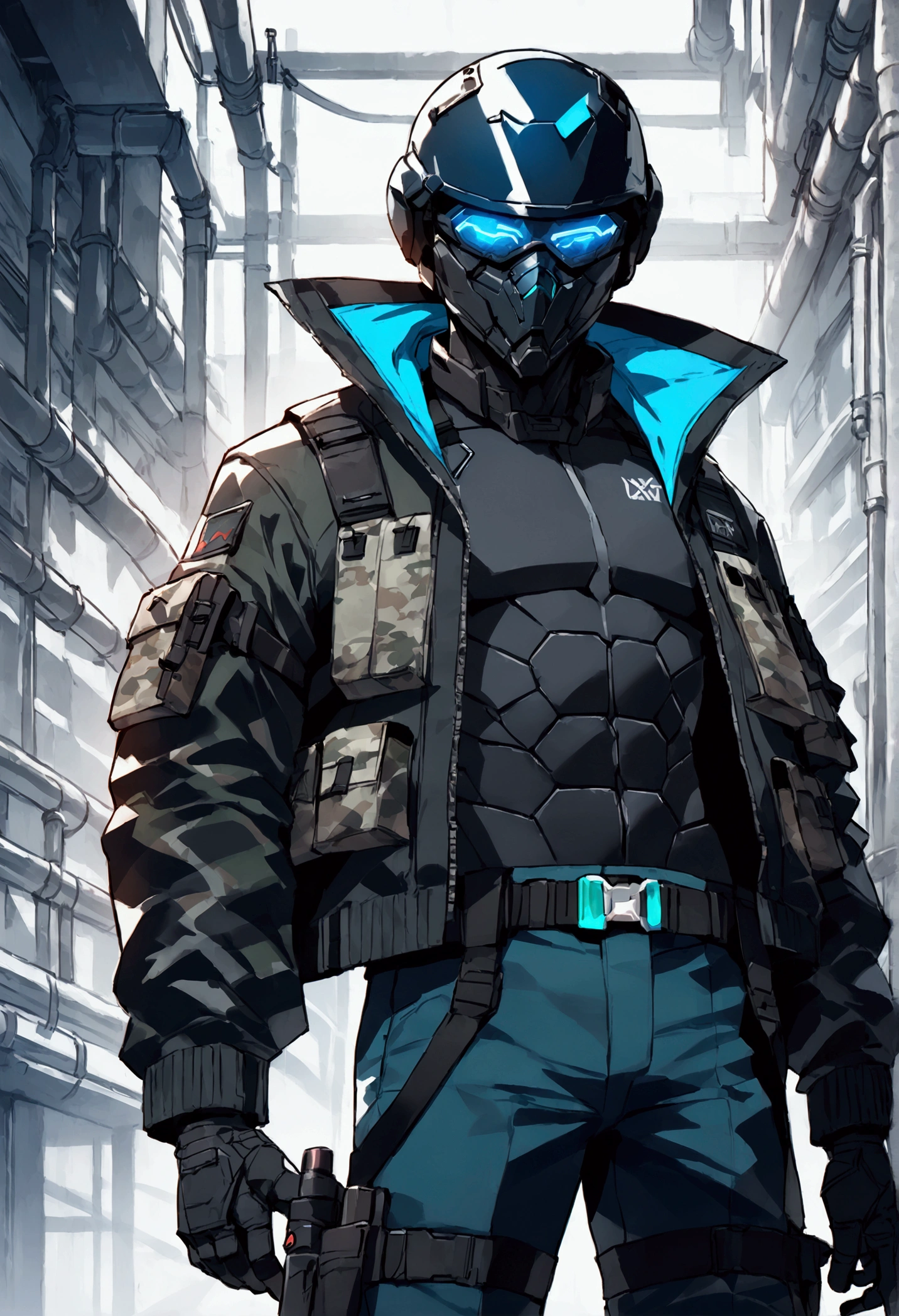 high detailed, Male, full-face helmet. matte black helmet with a smooth curved surface, plain helmet, black bodysuit with armored shirt. webbing rig, MultiCam Camouflage pants, V shaped lenses, blue lenses, Black and blue jacket, Open jacket, mercenary, black jacket, cyberpunk, tactical soldier, Cyberpunk gear, tactical gear, Cyberpunk style, silver jacket_details, Industrial background. industrial setting with metallic pipes and machinery, creating a sense of a dystopian or sci-fi environment. Half body view, Dark green pants