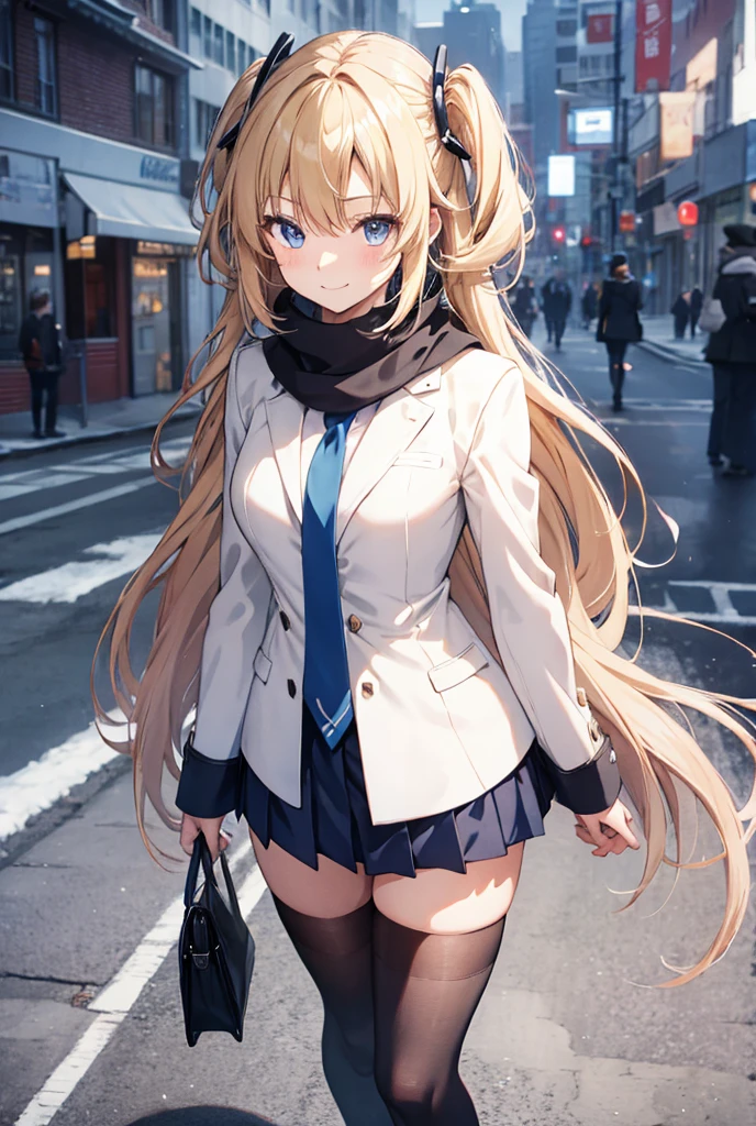 anime, woman, walking, smiling, looking ahead, semi long, low twintails, wavy hair, blonde, gradient hair, blue eyes, with sparkling eyes, shiny skin, slender, school uniform, coat, scarf, thighhighs, adult, in the city, on the road, in the morning, with snow, cowboy shot, front view, cowboy shot, sunlight