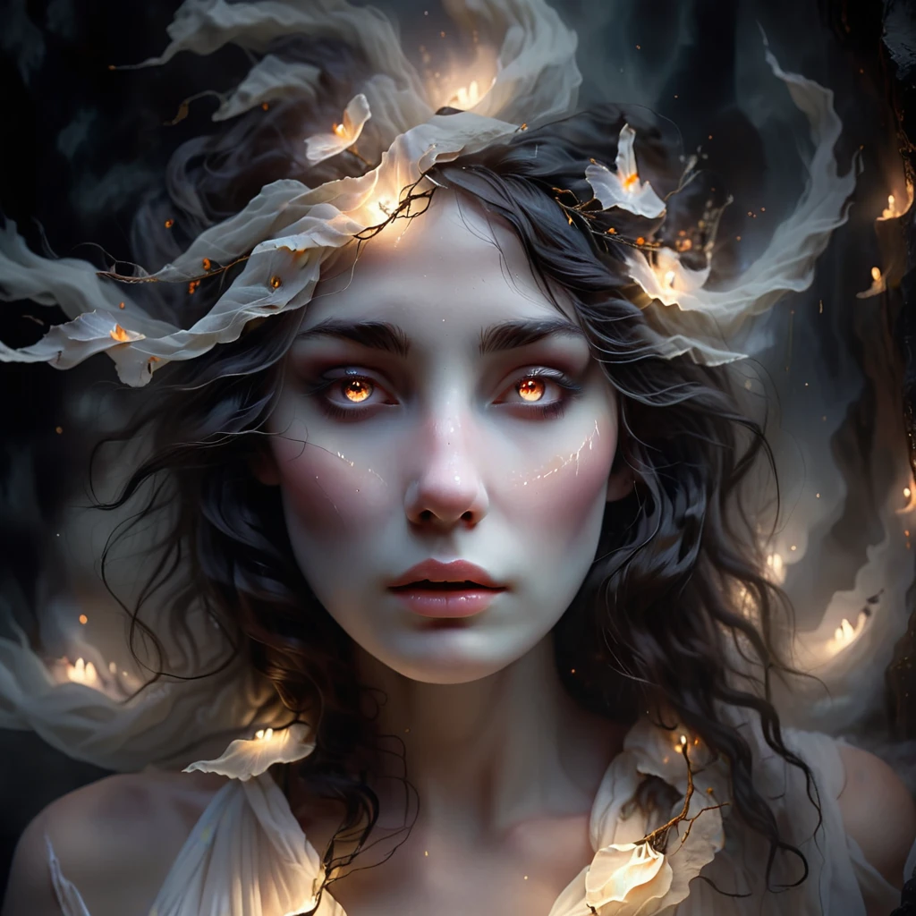 a photorealistic digital painting of Melinoë, the Greek goddess of ghosts, beautiful detailed eyes, beautiful detailed lips, extremely detailed face and features, long eyelashes, flowing ethereal white dress, glowing pale skin, dark hair, standing in an underworld realm with glowing ethereal spirits and wisps of mist, dramatic lighting, moody and atmospheric, highly detailed, cinematic composition, vibrant colors, realistic and lifelike, award winning digital art, full body shot details