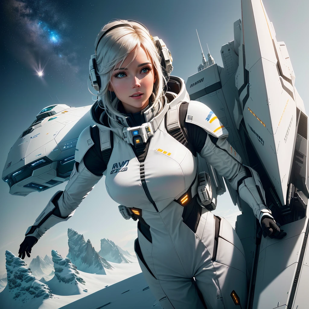 A girl with blonde and silver hair, wearing a pilot's outfit with a jetpack and a holographic control panel.