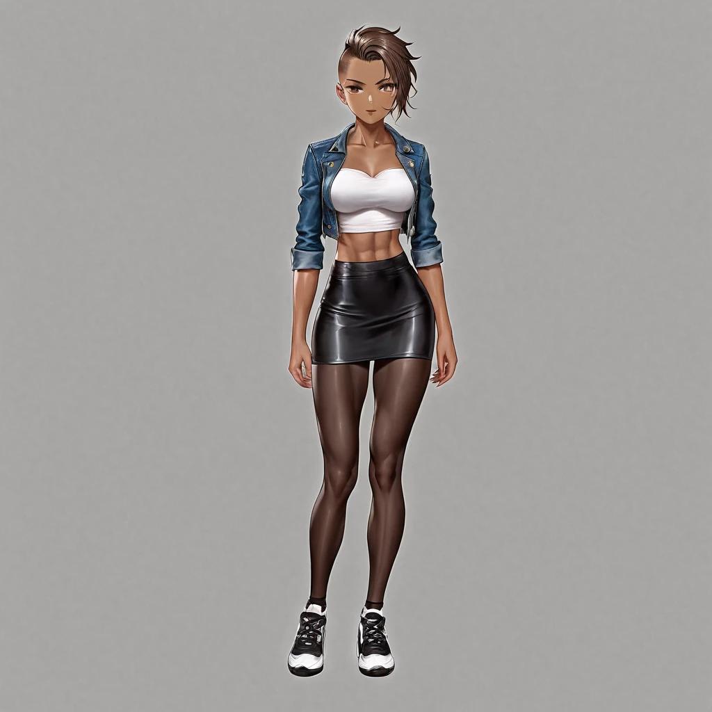 1girl, tall, athletic, lean muscular, medium breasts, medium hips, medium ass, thick muscly thighs, ebony brown skin, glassee, jean jacket, white croc top, tight black skirt, black leggings,  black sneakers, black short hair permed to the side with undercut on the other, Looking at viewer, High Resolution, Solo,. Full Body Image