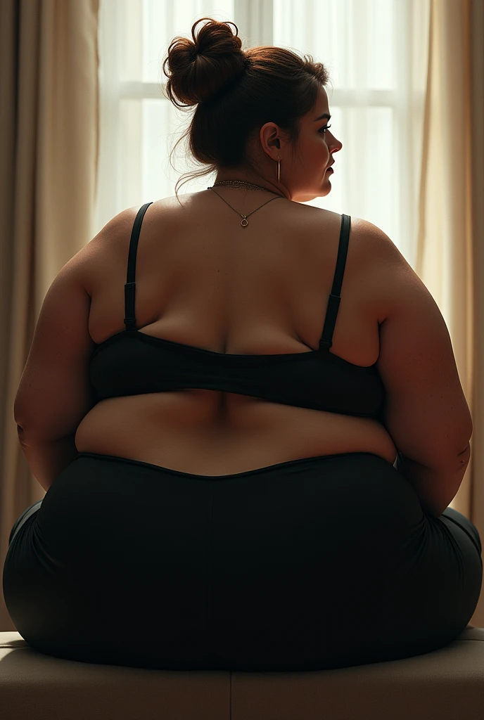 a woman, fat, one meter seventy, 80kg, foreign body, saggy skin, alone in the dark room, looking at herself in the mirror, sitting on the bed, sad face, tears in her eyes, looking at herself in the mirror, 8k, image rich in details, cinematographic, realistic --auto