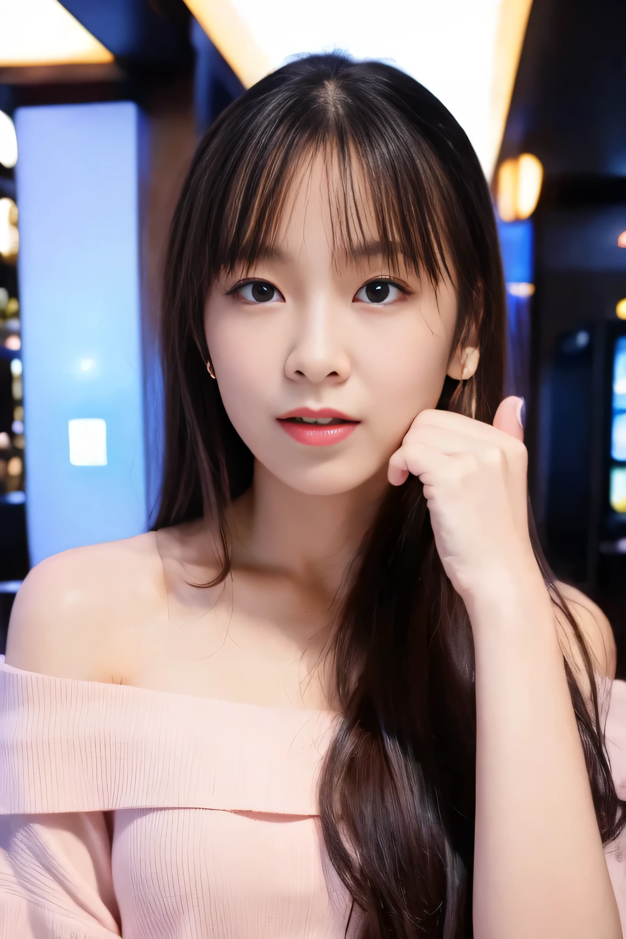 (colored picture), Photo realistic of beautiful asian、slender abs, (Highlight Haircutreast A Cup:1.2), small breast, round shape breast, perfect shape breast,(( )), She should have a serene expression, with large, expressive eyes and rosy lips. The woman is wearing an elegant light pink, off-the-shoulder sweater, with a hint of a black strap visible, set against a soft, neutral background that emphasizes her gentle and stylish appearance