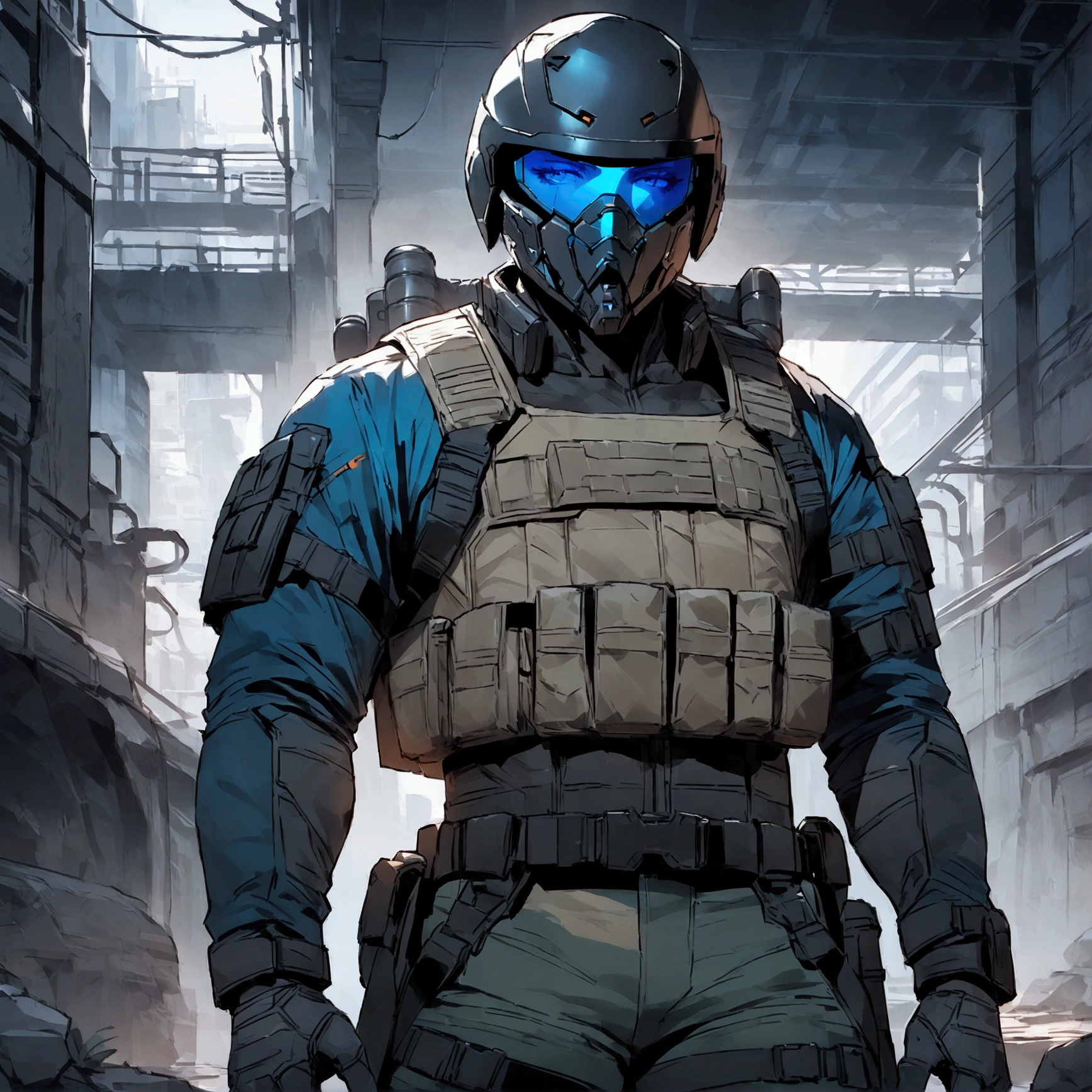 high detailed, Male, full-face helmet. matte black helmet with a smooth curved surface, plain helmet, black bodysuit with armored shirt. webbing rig, MultiCam Camouflage pants, V shaped lenses, blue lenses, Black and blue jacket, Open jacket, mercenary, black jacket, cyberpunk, tactical soldier, Cyberpunk gear, tactical gear, Cyberpunk style, silver jacket_details, Industrial background. industrial setting with metallic pipes and machinery, creating a sense of a dystopian or sci-fi environment. Half body view, Dark green pants