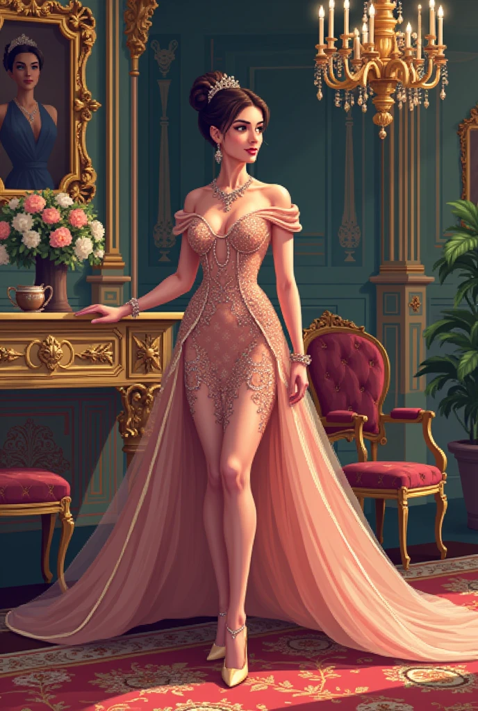 Full length ,"A young woman in an elegant, light limon green evening gown short sleeve attending a formal event. She is wearing a uniquely designed and beautiful dress, complemented by luxurious jewelry and accessories. The background features a grand and lavish hall with warm, inviting lighting, showcasing a scene of splendor and beauty."