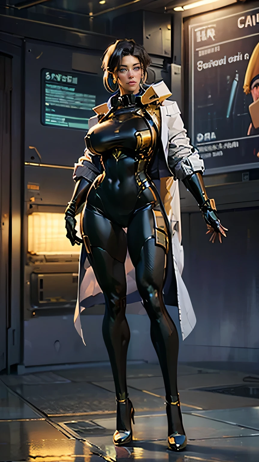 masterpiece, best quality, research professor, full body standing, extremely busty, gold platform pumps, very long legs, large breasts, thicc, raytraced, tight gold plated black cybernetic bodysuit, hoop earrings, 1girl, brunette, cyberfusion, wearing long white lab coat on shoulders, orbital station command center background