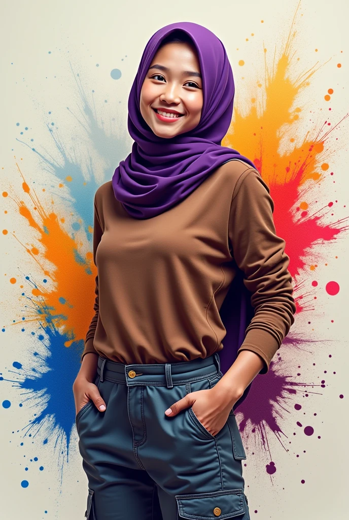 arafed woman in hijab talking on a cell phone with colored paint splashing around her, inspired by JoWOnder, colourfull, inspired by Rudy Siswanto, inspired by Fathi Hassan, with beautiful colors, inspired by Shaddy Safadi, portrait happy colors, realism art, color portrait, by Abidin Dino, inspired by Naza, portrait shot