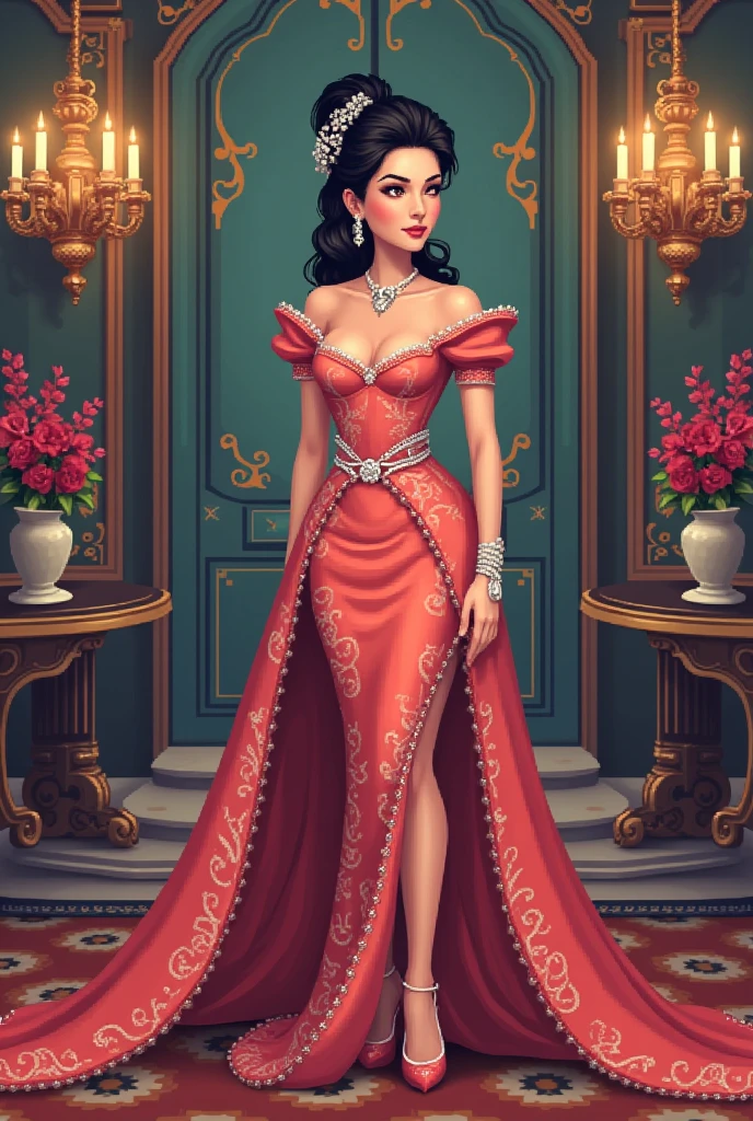Realistic cartoon rich beautiful mean look filipina mom raising one eyebrow wearing bright pink dress and gold jewelries 