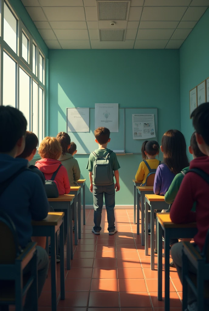 A cute 9-year-old boy named Alex Janny wearing an orange t-shirt, sitting in the classroom while the female teacher writing on the board, ((Cute)), short from behind, (Cinematic lighting), 3D