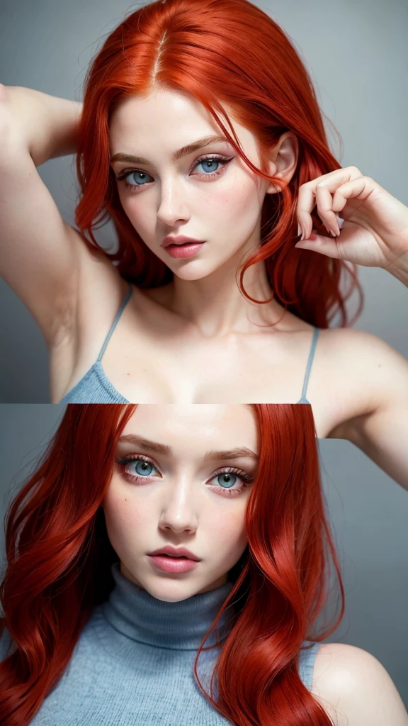 Female original character reference sheet adoptable, (masterpiece:1.4), (photorealistic:1.3), (best quality), (extremely high detail), Austin White, ((red hair)), ((blue eyes)), huge breasts, thigh muscles, surprised, making oh face, blushing, embarassed, dynamic pose, dynamic angles,