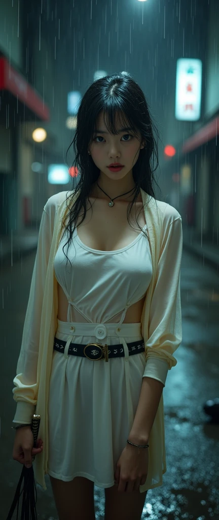 best image quality, masterpiece, super high resolution, (fidelity: 1.4), photo, 1 girl, sexy, torn white shirt, torn jeans, white sneakers, dim, dark, despair, pity, poor, movie, tears, teardrops, (torn clothes: 1.5), (wet clothes: 1.4), bare shoulders, real rain, wet hair, realistic