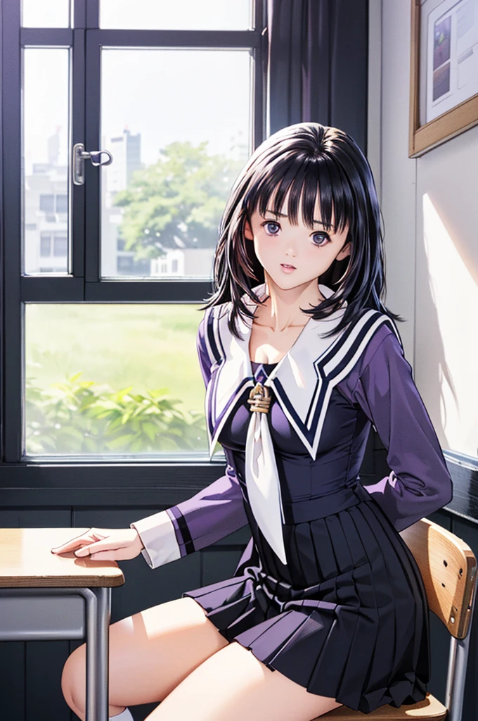 (8k、Highest quality、masterpiece:1.2)、(Realistic、Ultra-detailed、Ultra-high resolution、Beautifully detailed face,Perfect body,(One girl,Long black hair),(school uniform,Sailor suit,Purple Shirt,Navy Skirt,White Thailand),Sitting at a desk,Put your knees on your chest,Cleavage,In the classroom,throw,From the side