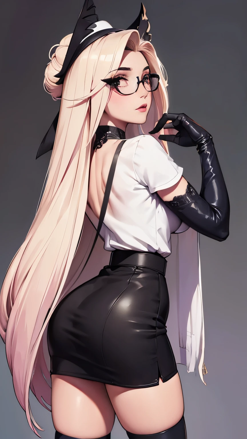 (back view Emphasis), backs, pose for photo, from behind, pose(masterpiece, best quality:1.4), absurdres, highres, ultra detailed, beautiful, (secretary), (perfect face, detailed face, beautiful:1.3),(natural breasts, cleavage), glasses, collarbone, fingerless gloves, gloves,spaghetti strap top, black pencil skirt, tight, over the knee skirt, hat, elegant secretary outfit, thighhighs, thick thighs, thighs, multiple belts, More detailed 8K.motor irreal:1.4,UHD,La mejor calidad:1.4, fotorrealista:1.4, textura de la piel:1.4, obra maestra:1.8,obra-prima, mejor calidad, (detailed face features:1.3),(manos detailed)