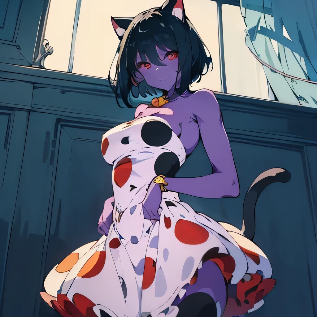  ((masterpiece,best quality,ultra-delicate,Perfect Face,16k,high resolution,very beautiful girl)), purple skin, cat ears, cat tail, 
polka dots pattern white strapless dress, polka dots pattern white tights, black short hair, red eyes,  large breasts, cute smile,