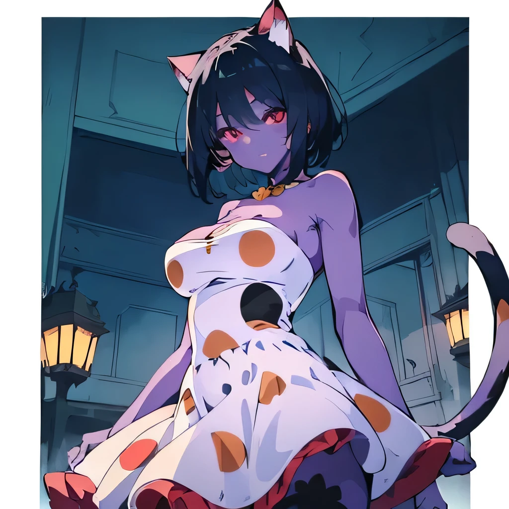  ((masterpiece,best quality,ultra-delicate,Perfect Face,16k,high resolution,very beautiful girl)), purple skin, cat ears, cat tail, 
polka dots pattern white strapless dress, polka dots pattern white tights, black short hair, red eyes,  large breasts, cute smile,