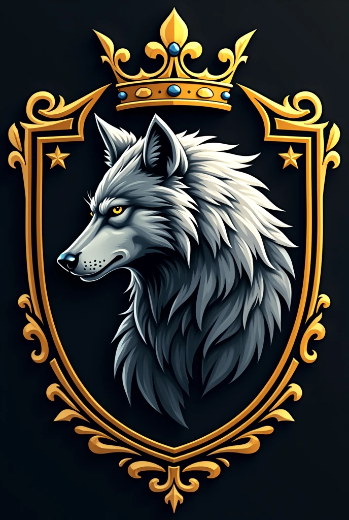 I want a football team shield with black white and gold colors with a wolf in the middle standing sideways with the crown on top of the shield and details on the sides of the shield