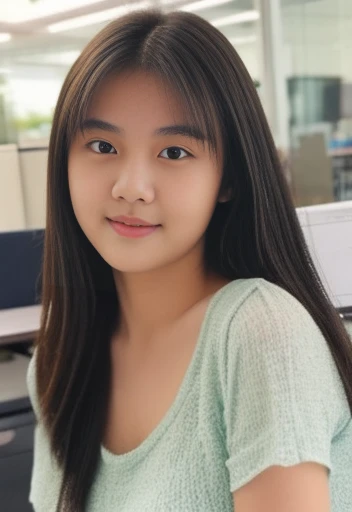 Highly realistic photo, Portrait of a 17 year old Vietnamese young girl, long black hair, yellow T-shirt, smiling