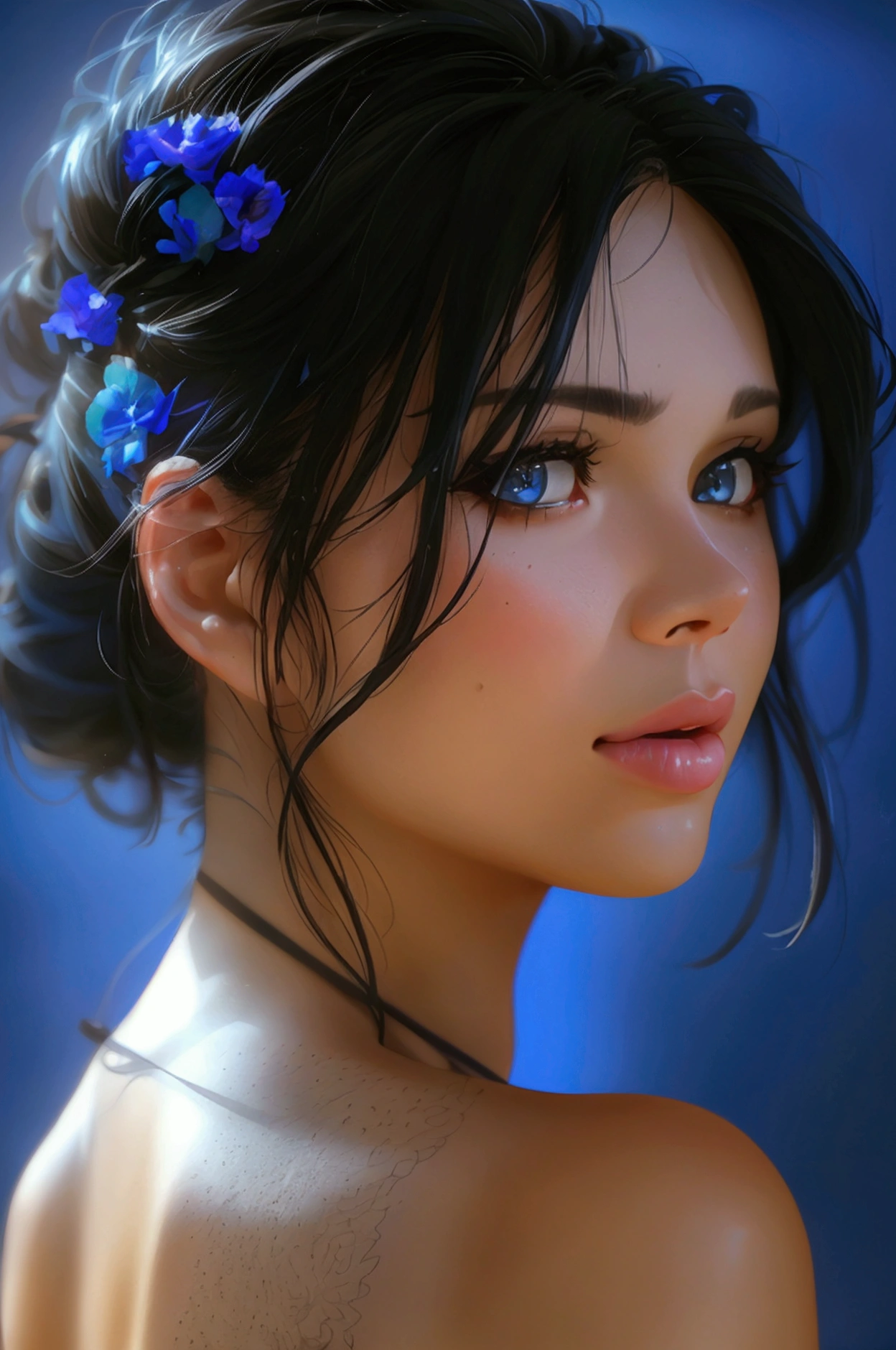 (masterpiece, best quality), deep ebony 1girl, beautiful face, Kimberly_jackson, freely ponytail, confused, upper body,, bright blue eyes, facing viewer, triboob_cleavage
