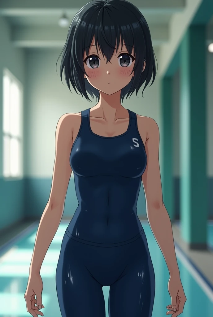 NSFW,Aarinko、short hair、Black Hair、Bobcut、Swimsuit,High leg swimsuit,Embarrassed,blush,(Perfect hands),(Perfect Anatomy),(masterpiece),(highest quality),Looking up,Lonely look,School,locker room,looking at the camera,Look Up