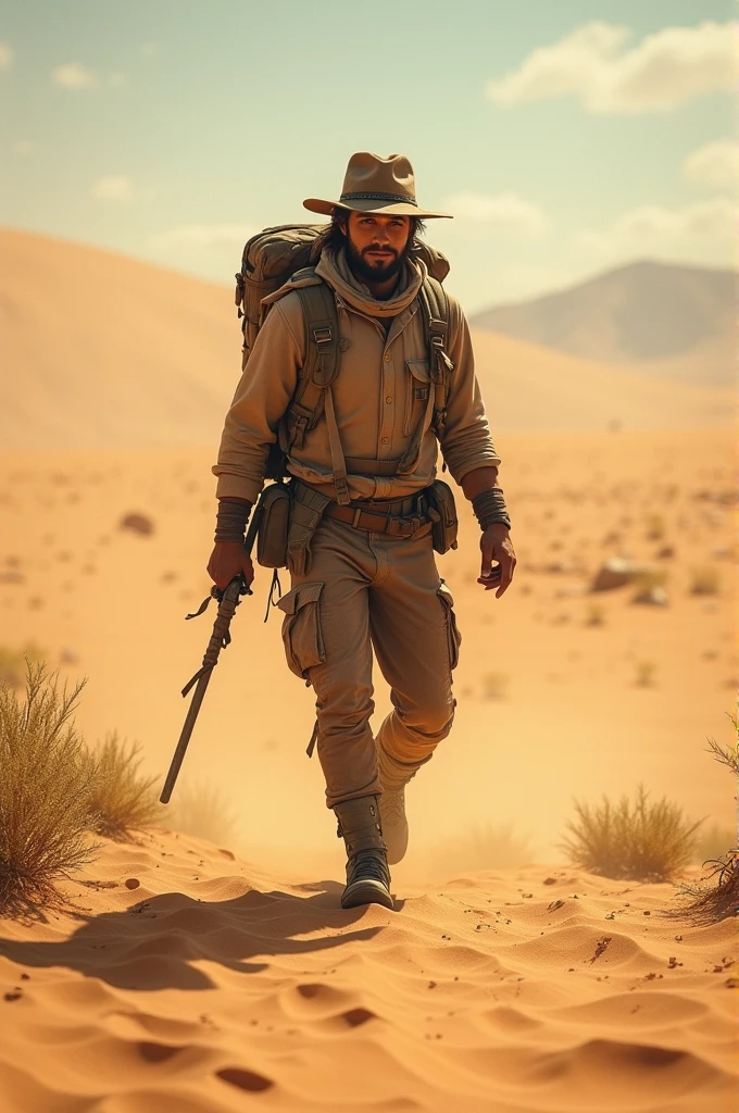 crie uma imagem de um homem western movie style, homem branco, western movie style hat, dust, deserto, segurando uma arma, homem branco, homem branco, cabelo preto, barba preta, cidade velho oeste ao fundo,desertoo, Cyberpunk, 8k, Hiper realista, cinemactic, foco no rosto do soldado, The photo is taken with an 18 mm wide-angle camera, em 8k fotorrealismo, creating an image that evokes amazement and amazement at the destruction of the city, ouro. zoom no rosto