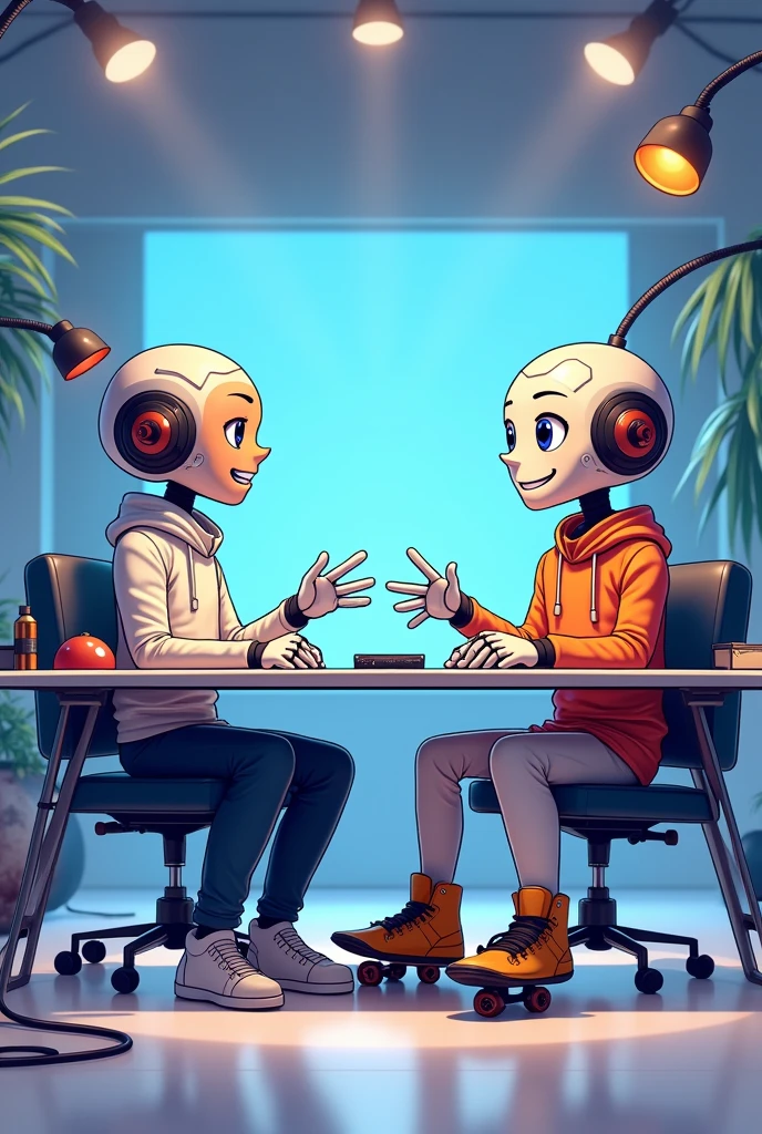 1robot boy, kid, robot, sit, chair, table, computer, coding, programmer, white skin, robot dermals, machine made joints, sad