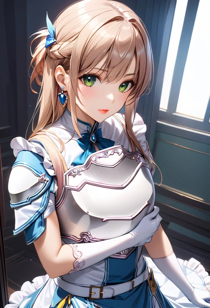 ((masterpiece)), Highest quality, Very detailed,(One Girl), Asuna \(star\), dress, gloves, jewelry, Cleavage, Princess,elbow gloves,tiara,brooch,white gloves、Adult female、thin、so beautiful、Beautiful Face、Maid Skirt、(((Blue and white armor、breastplate、Shiny Armor:1.2)))、Has a bow、Gold earrings、Gray Hair, Green Eyes, Pink Lips、whole body