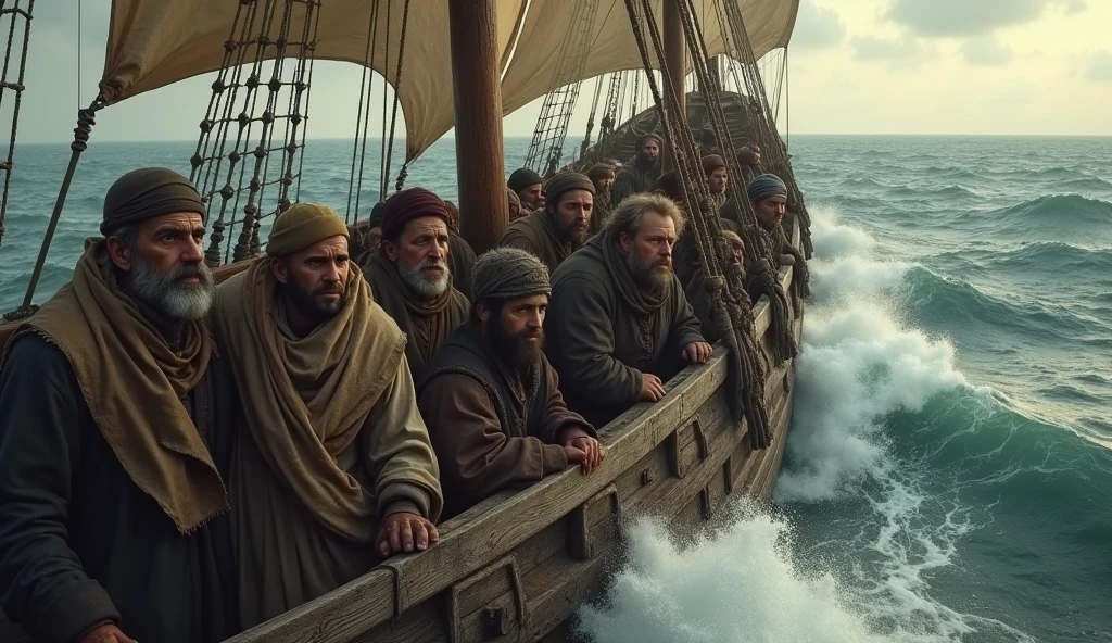"( (8k:1.27), top quality, masterpiece, ultra high resolution:1.2) of a dramatic scene: a old boat braving the very rough open sea, carrying afro (terrified) people (men, women, childrens) on board, captured from a (dramatic) view."