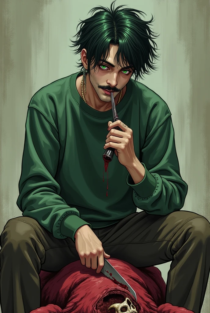 1boy, handsome, black hair, smoking cigarette, sitting in room, bandaged wrists, . scars around lower mouth, scars, bloody, serial killer, bloody, blood everywhere.