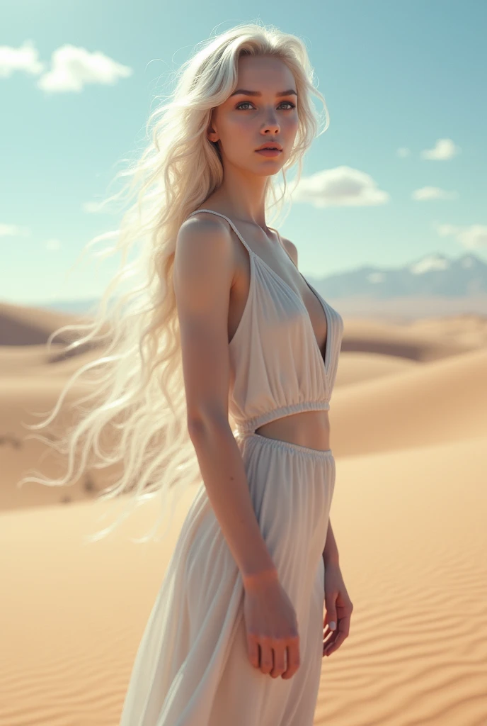 (best quality,4k,8k,highres,masterpiece:1.2),ultra-detailed,(realistic,photorealistic,photo-realistic:1.37),fashion photography, Angelic girl, beautiful detailed eyes, slight smile, beautiful detailed lips, long eyelashes, random hairstyle, random hair colour, stylish makeup, (((perky))), gorgeous model, posing with confidence, sensuous expression, modern photography techniques, striking contrast between light and shadow, soft and natural lighting, pale skin tone, subtle blush, pop of colour on the lips, dramatic background with vivid colours, artistic composition, ethereal atmosphere, whisper of wind blowing through her hair, graceful and elegant posture, bokeh effects, flowing sheer summer dress, exquisite accessories, bold and creative fashion choices, (((in the middle of a sand dune in a desert, sunset)))